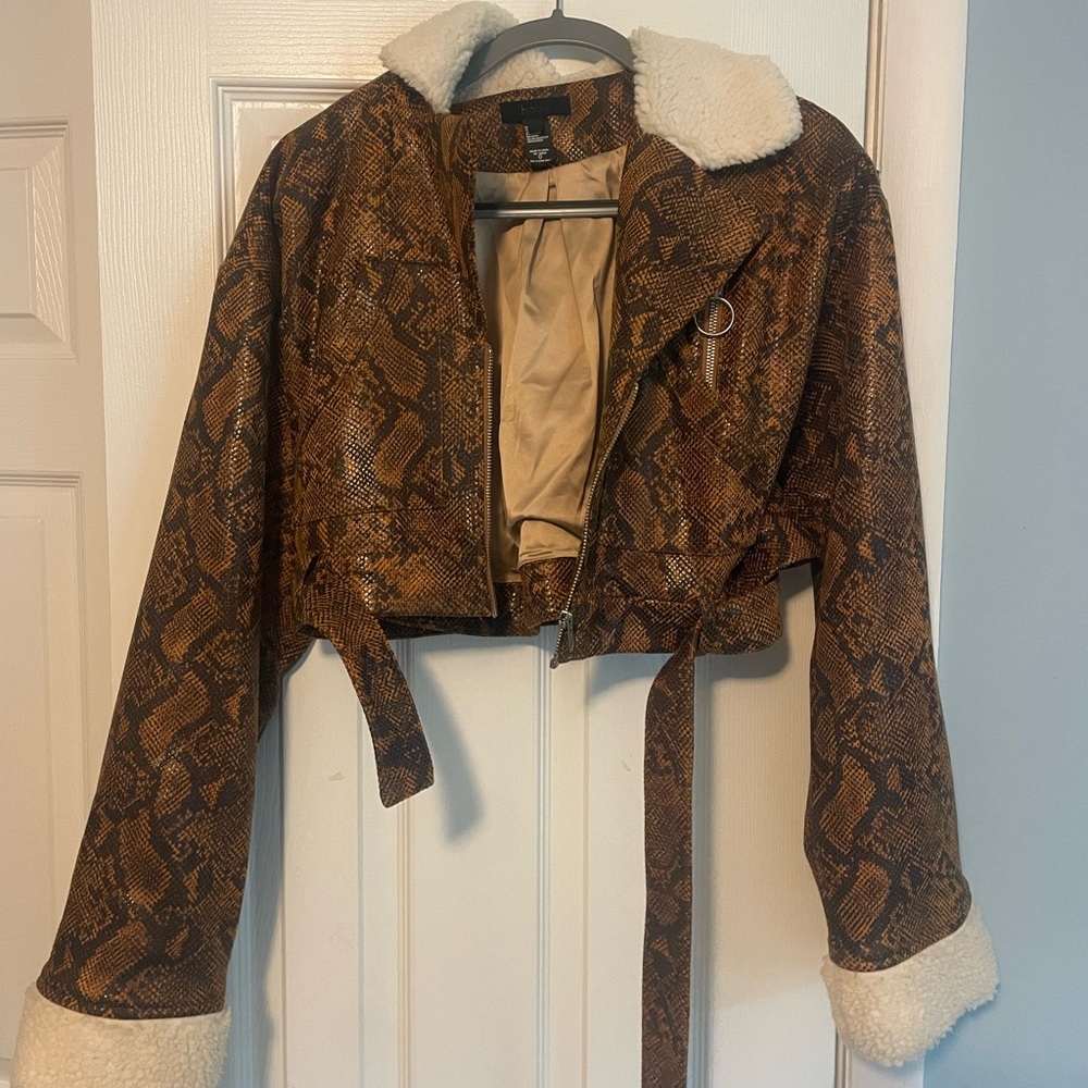 h:ours Brown Snake Print Leather Jacket